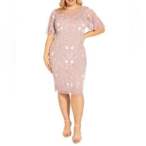 Nwt Adrianna Papell Floral Beaded Sheer Flutter Sleeve Cocktail Dress